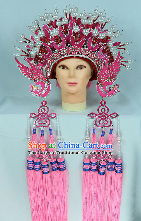 Chinese Beijing Opera Queen Pink Butterfly Phoenix Coronet Traditional Peking Opera Bride Hat Hair Accessories for Women