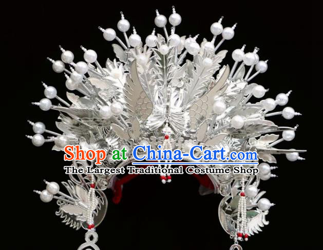 Chinese Beijing Opera White Tassel Phoenix Coronet Traditional Peking Opera Bride Hat Hair Accessories for Women