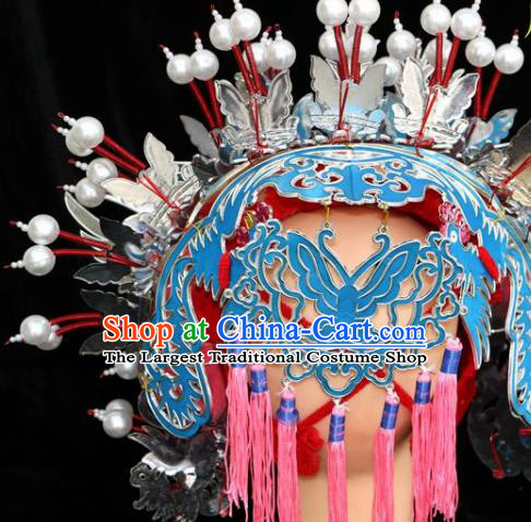 Chinese Beijing Opera Imperial Consort Blue Phoenix Coronet Traditional Peking Opera Bride Hat Hair Accessories for Women