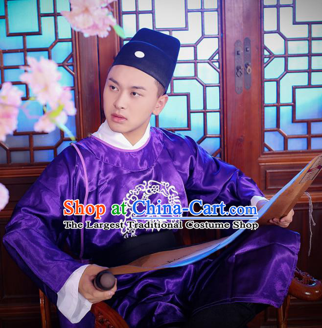 Chinese Ancient Court Eunuch Purple Robe Traditional Ming Dynasty Manservant Costume for Men