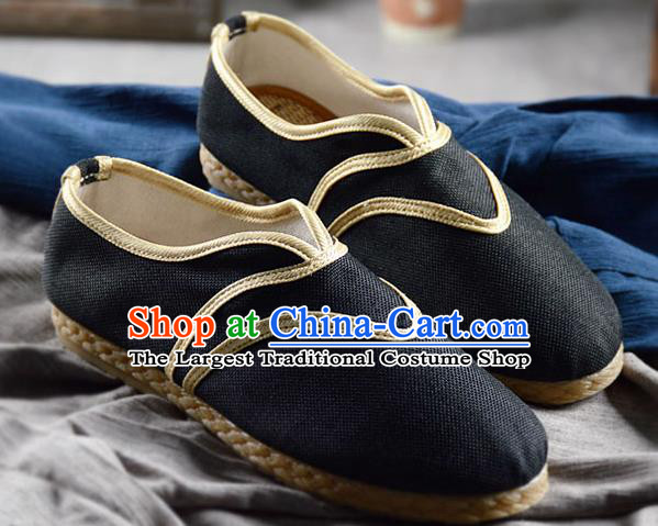 Chinese Traditional Handmade Black Flax Shoes National Multi Layered Cloth Shoes for Men