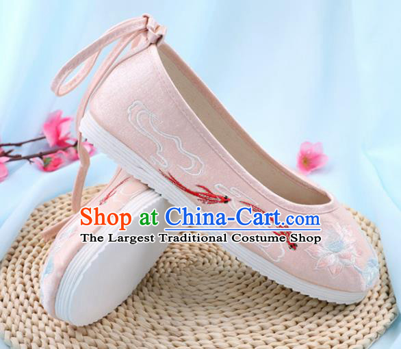 Traditional Chinese Embroidered Lotus Goldfish Pink Shoes Handmade Cloth Shoes National Cloth Shoes for Women