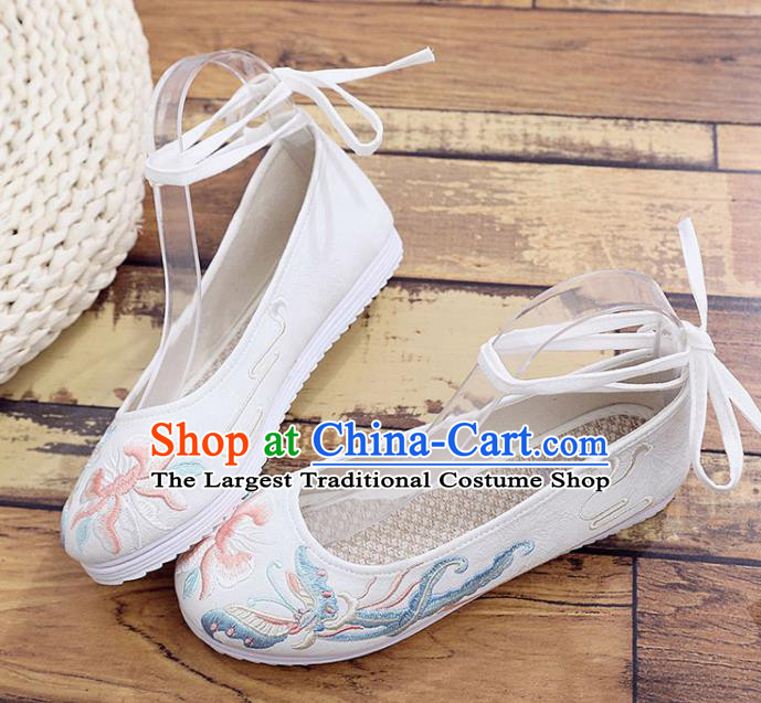 Traditional Chinese Embroidered Peony Butterfly White Shoes Handmade Cloth Shoes National Cloth Shoes for Women