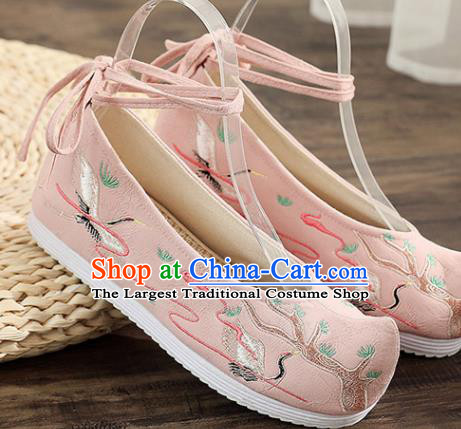 Traditional Chinese Embroidered Crane Pink Shoes Handmade Cloth Shoes National Cloth Shoes for Women
