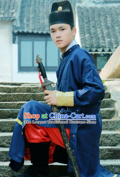 Chinese Ancient Swordsman Blue Clothing Traditional Ming Dynasty Imperial Bodyguard Costume for Men