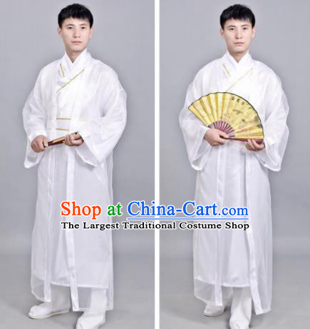 Chinese Ancient Scholar White Robe Traditional Song Dynasty Swordsman Costume for Men