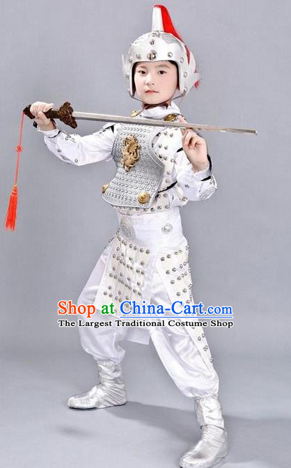 Chinese Ancient Traditional Han Dynasty General Costume White Helmet and Armour for Kids