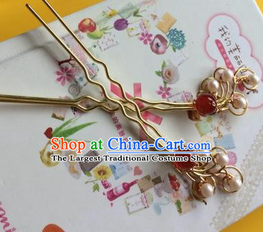 Chinese Ancient Princess Agate Pearls Hairpins Traditional Court Hair Accessories for Women