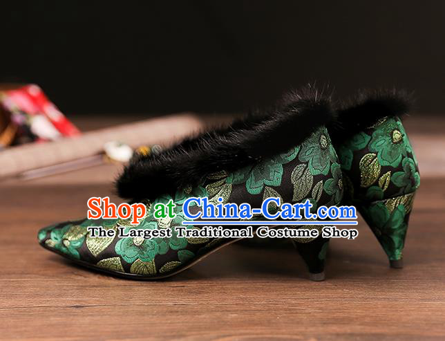 Traditional Chinese Embroidered Green Flowers Shoes National High Heel Shoes for Women