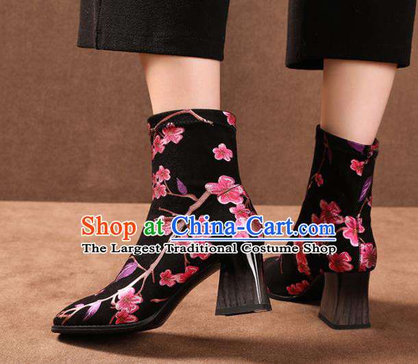 Traditional Chinese Handmade Printing Flowers Black Boots National High Heel Shoes for Women