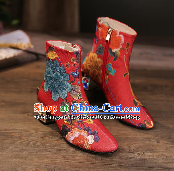 Traditional Chinese Handmade Embroidered Red Boots National High Heel Shoes for Women