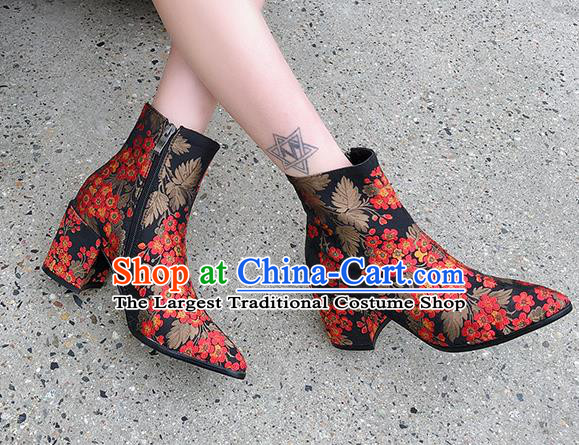 Traditional Chinese Handmade Embroidered Red Flowers Boots National High Heel Shoes for Women