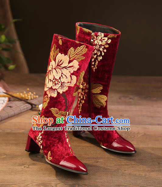 Traditional Chinese Handmade Embroidered Peony Red Long Boots National High Heel Shoes for Women