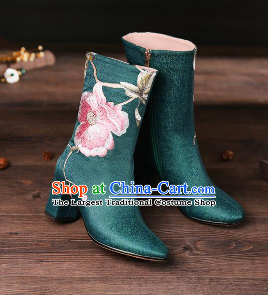 Traditional Chinese Handmade Embroidered Green Boots National High Heel Shoes for Women