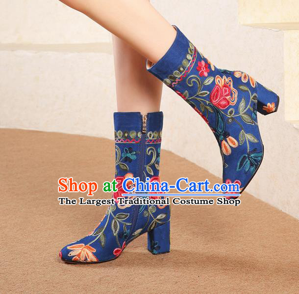 Traditional Chinese Handmade Embroidered Royalblue Boots National High Heel Shoes for Women