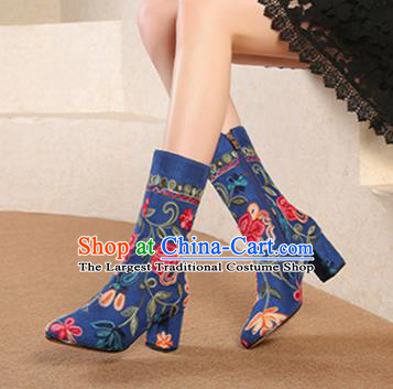 Traditional Chinese Handmade Embroidered Royalblue Boots National High Heel Shoes for Women