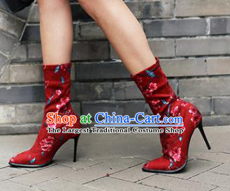 Traditional Chinese Handmade Printing Plum Red Boots National High Heel Shoes for Women