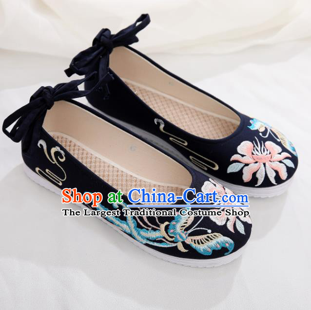 Traditional Chinese Handmade Embroidered Butterfly Black Shoes National Cloth Shoes for Women