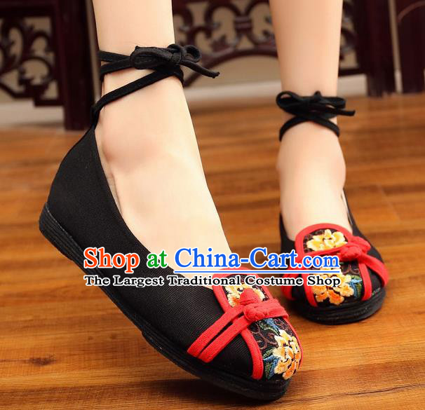 Traditional Chinese Handmade Embroidered Peony Black Shoes National Wedding Cloth Shoes for Women