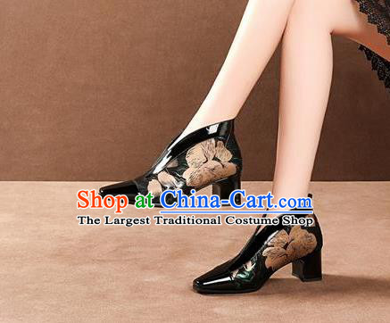 Traditional Chinese Printing Black Leather Shoes National High Heel Shoes for Women