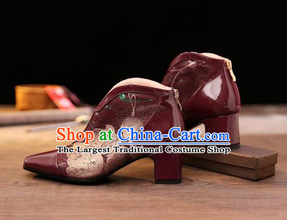 Traditional Chinese Printing Wine Red Leather Shoes National High Heel Shoes for Women