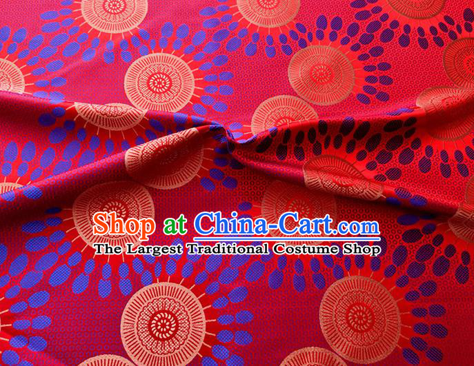 Asian Japan Traditional Sunflowers Pattern Design Red Brocade Damask Fabric Kimono Satin Material