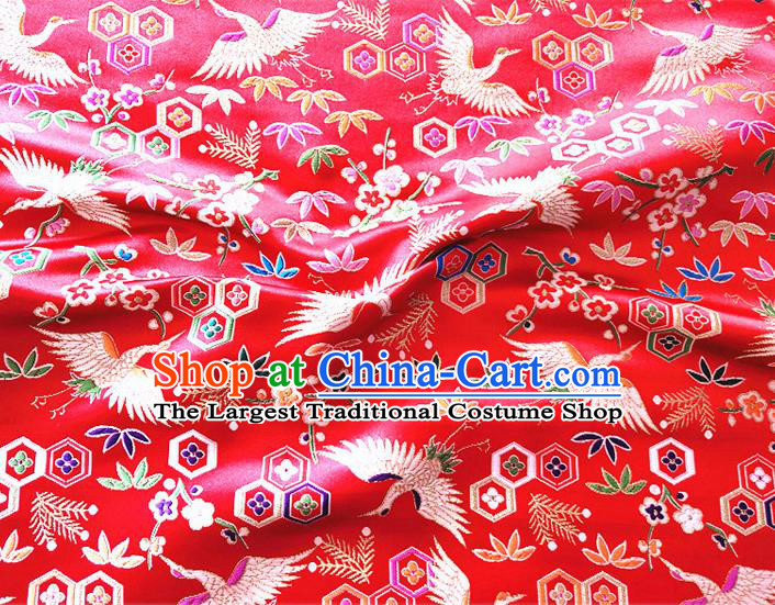 Asian Japan Traditional Plum Crane Pattern Design Red Brocade Damask Fabric Kimono Satin Material
