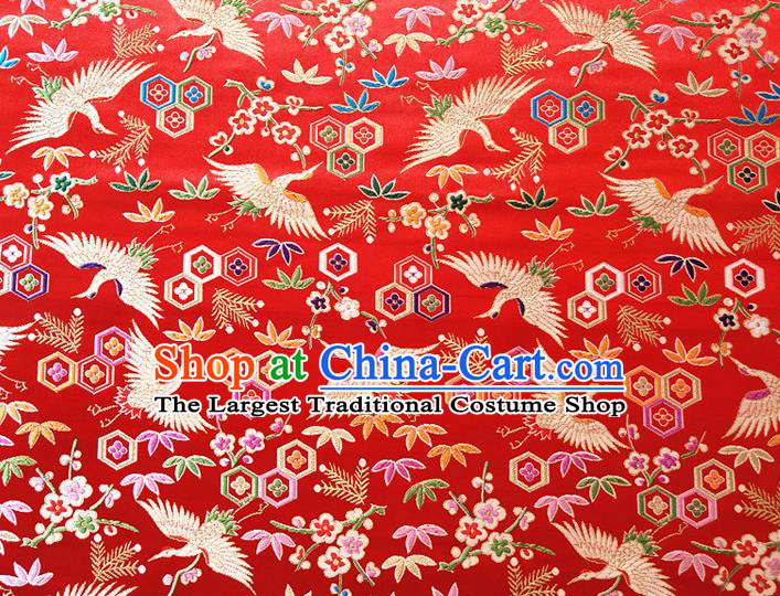 Asian Japan Traditional Plum Crane Pattern Design Red Brocade Damask Fabric Kimono Satin Material