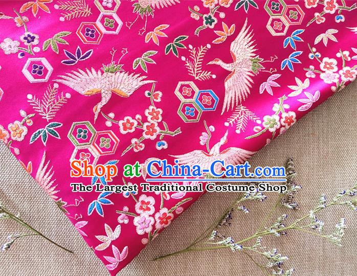 Asian Japan Traditional Plum Crane Pattern Design Rosy Brocade Damask Fabric Kimono Satin Material