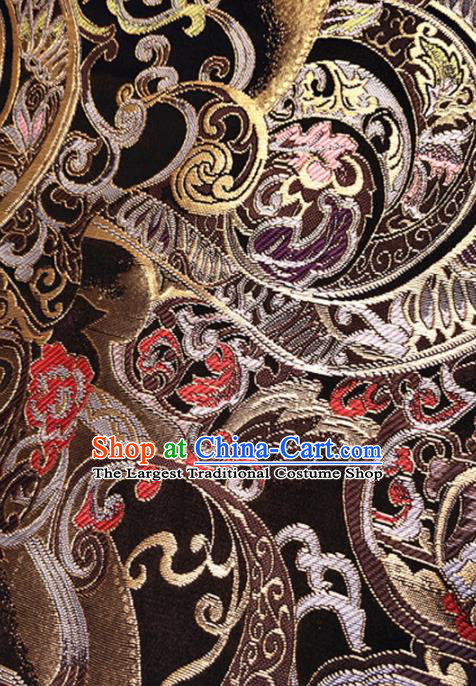 Asian Japan Traditional Pattern Design Brown Brocade Damask Fabric Kimono Satin Material