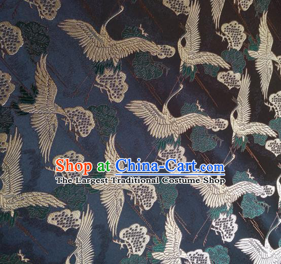 Asian Japan Traditional Cranes Pattern Design Black Brocade Damask Fabric Japanese Kimono Satin Material