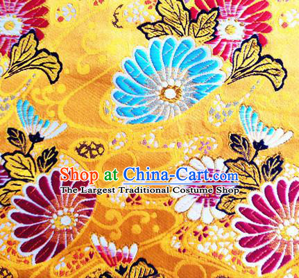 Asian Japan Traditional Daisy Pattern Design Yellow Brocade Damask Fabric Kimono Satin Material
