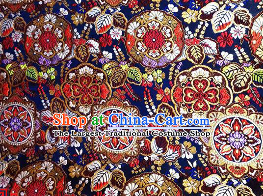 Asian Japan Traditional Flowers Pattern Design Navy Brocade Damask Fabric Japanese Kimono Satin Material
