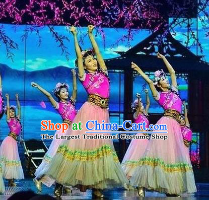 Chinese The Romantic Show of Lijiang Yi Nationality Dance Dress Stage Performance Costume and Headpiece for Women