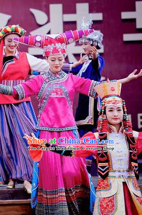 Chinese The Romantic Show of Lijiang Ethnic Nationality Dance Dress Stage Performance Costume and Headpiece for Women