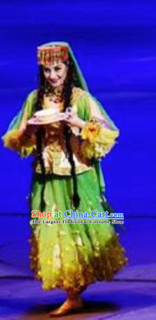Chinese Back to the Silk Road Uyghur Nationality Dance Green Dress Stage Performance Ethnic Costume for Women
