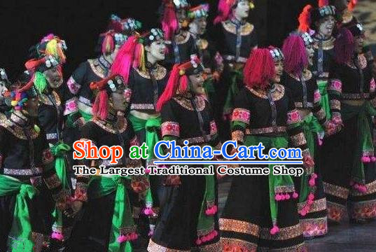 Chinese Dynamic Yunnan Yi Nationality Dance Black Dress Stage Performance Ethnic Costume for Women