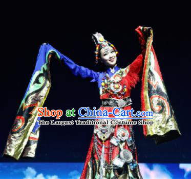 Chinese The Romantic Show of Jiuzhai Tibetan Nationality Dance Red Dress Stage Performance Costume and Headpiece for Women