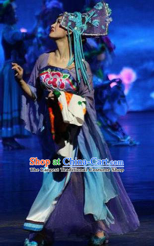 Chinese The Romantic Show of Jiuzhai Classical Dance Purple Dress Stage Performance Costume and Headpiece for Women