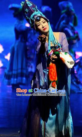 Chinese The Romantic Show of Jiuzhai Classical Dance Purple Dress Stage Performance Costume and Headpiece for Women
