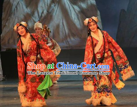 Chinese Impression Tibetan Zang Nationality Dance Red Dress Stage Performance Costume and Headpiece for Women