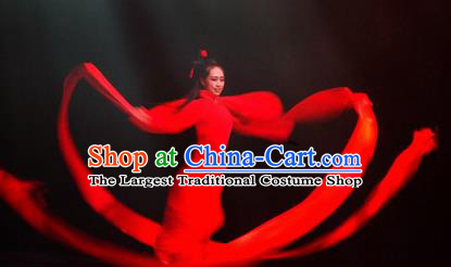 Chinese Dynamic Huangshan Folk Dance Red Ribbon Clothing Stage Performance Costume for Women