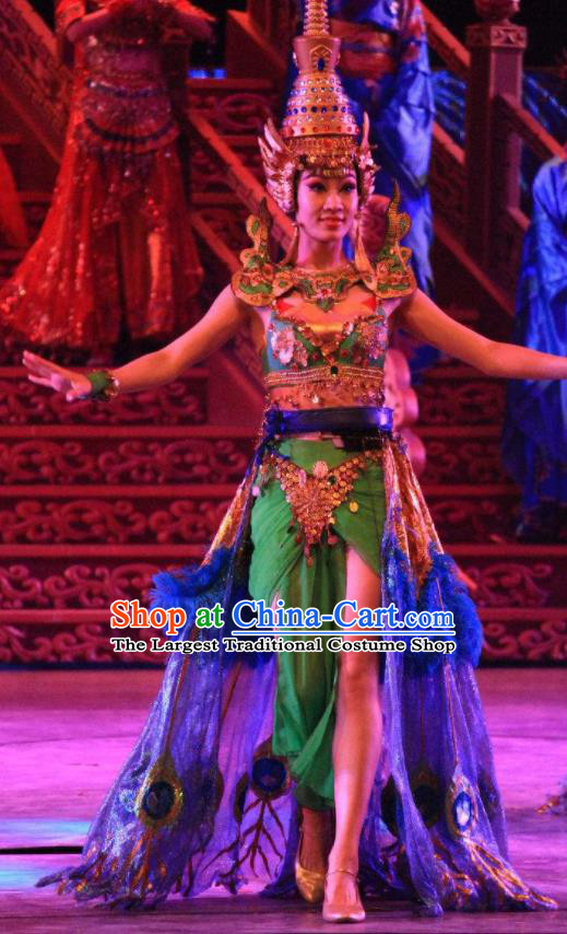 Chinese Back to Song Dynasty Ethnic Dance Green Dress Stage Performance Costume and Headpiece for Women
