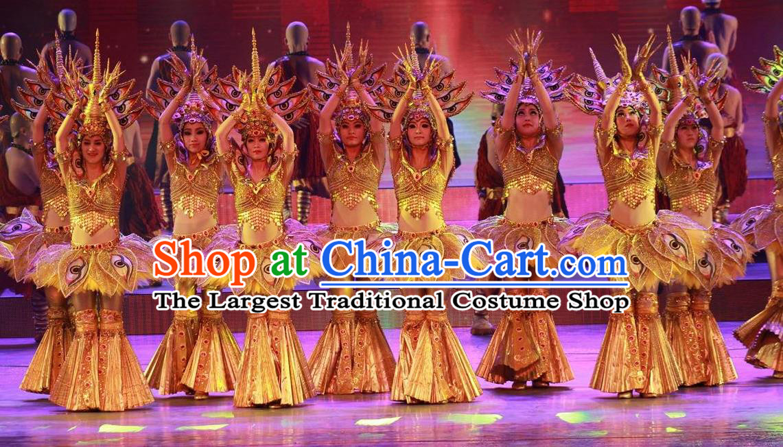 Chinese Back to Song Dynasty Ethnic Dance Yellow Dress Stage Performance Costume and Headpiece for Women