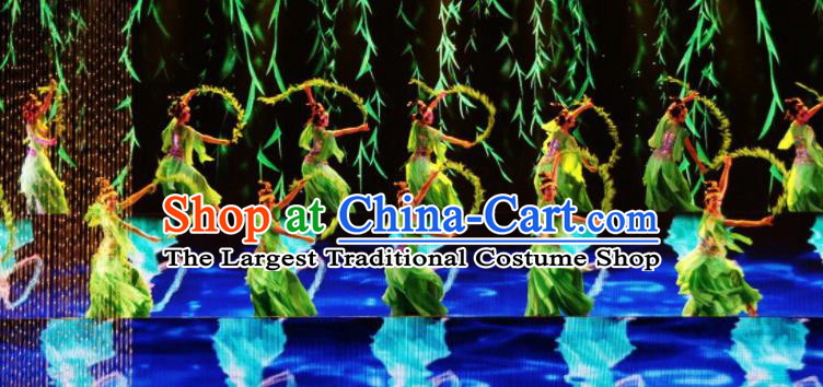 Chinese Back to Song Dynasty Classical Dance Green Dress Stage Performance Costume and Headpiece for Women