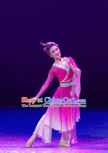 Chinese River Theatre The Peach Colony Classical Dance Rosy Dress Stage Performance Costume and Headpiece for Women