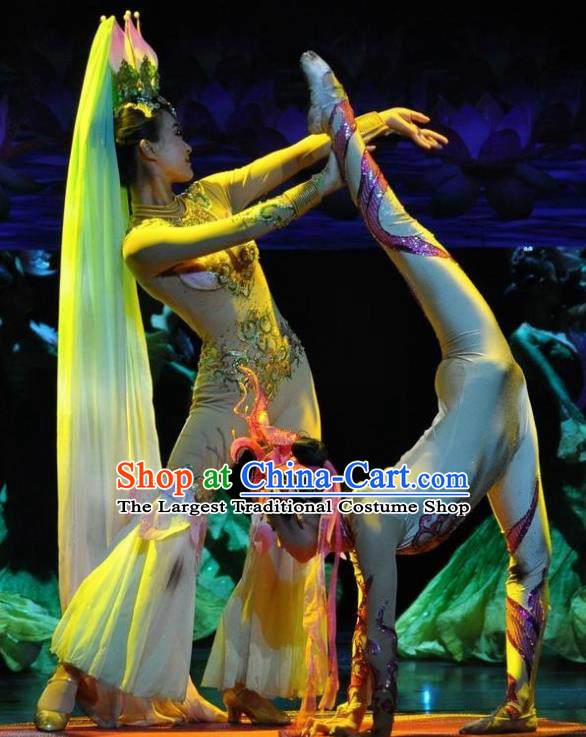 Chinese Jinxiu Shenzhou Classical Dance Lotus Dance Dress Stage Performance Costume and Headpiece for Women