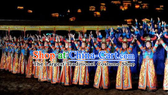 Chinese Kangxi Ceremony Qing Dynasty Mongol Nationality Dance Dress Stage Performance Costume for Women