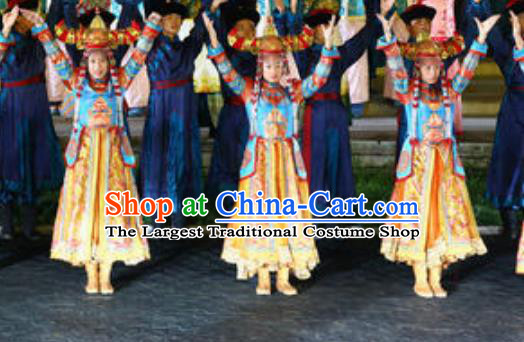 Chinese Kangxi Ceremony Qing Dynasty Mongol Nationality Dance Dress Stage Performance Costume for Women