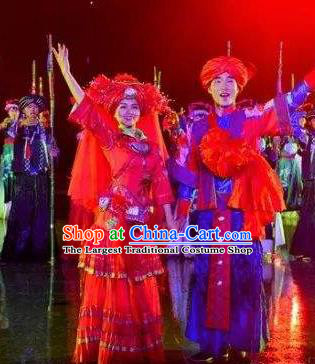 Chinese Dushan Ceremony Bouyei Nationality Wedding Bride and Bridegroom Stage Performance Dance Costumes for Women for Men